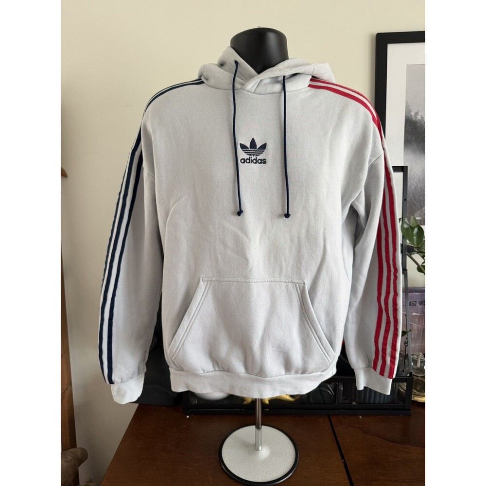 Adidas Originals Hoodie Mens S White Red Blue 3 Stripe Trefoil NWT Pullover
